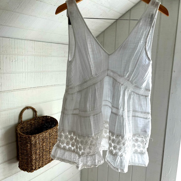 Gauze Muslin V Neck Crochet Tank Top - Picture 1 of 4